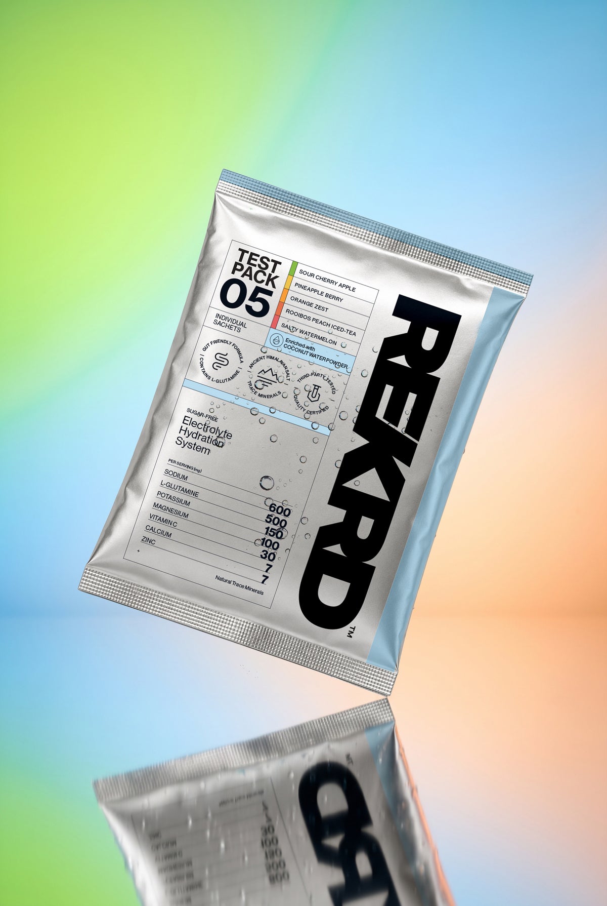 REKRD test pack in silver packaging against a blurred green, blue and peach background.